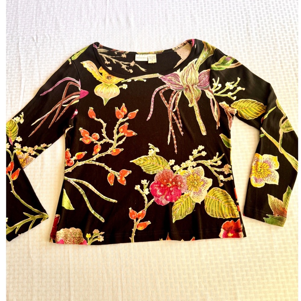 Newport News Vintage Y2K Floral Sequin Long Sleeve Top Black Orchid XL